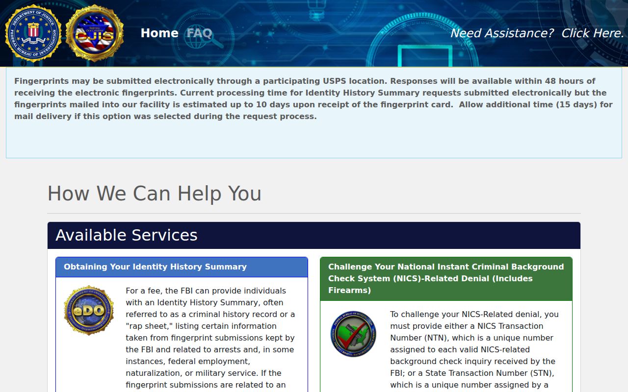 FBI electronic order interface for a person's own identity history summary
